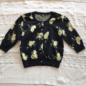 Earth Music & Ecology Lemon Print Crewneck Cardigan Sweater Medium
